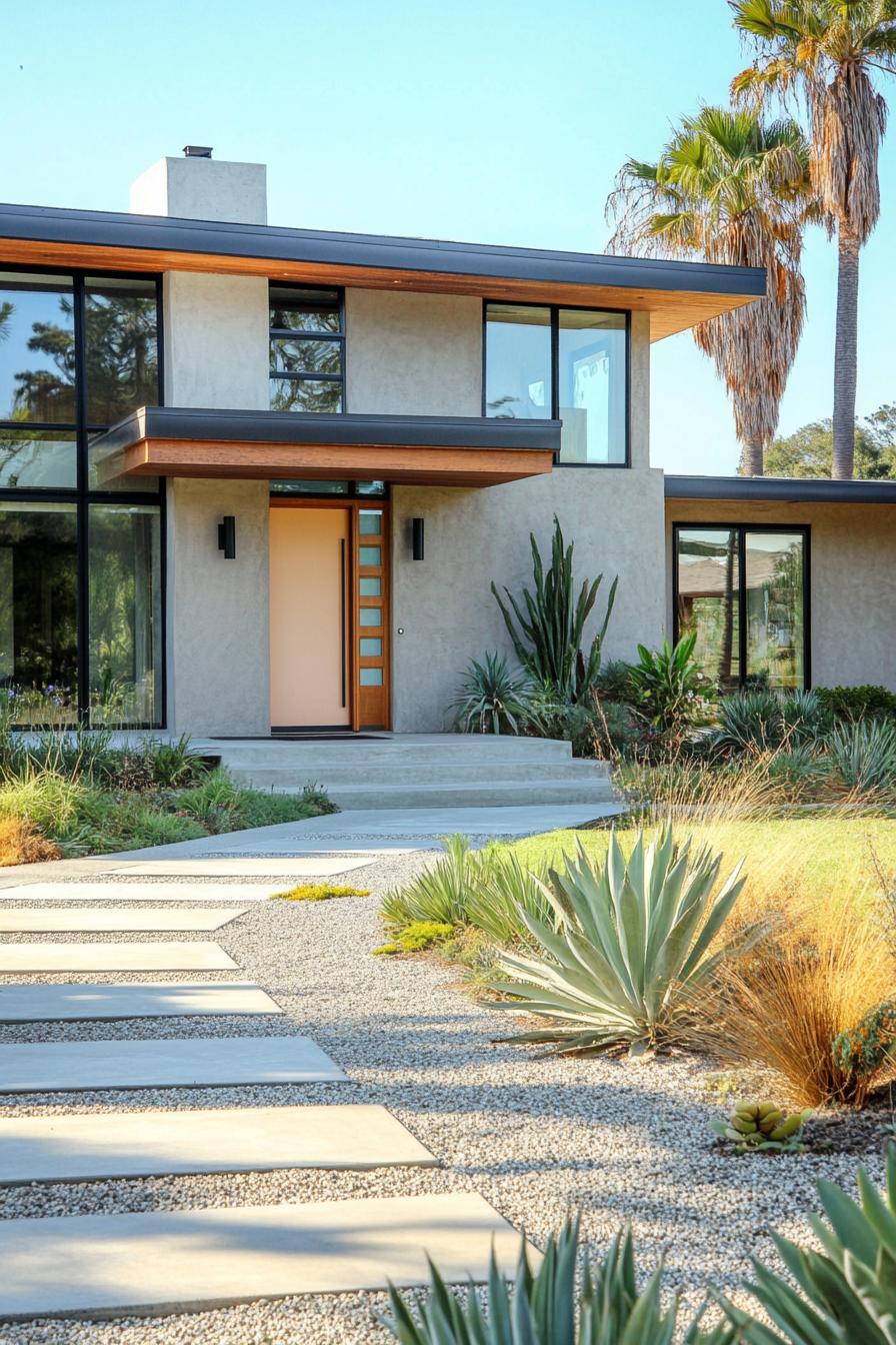 Modern house with agave plants in the foreground