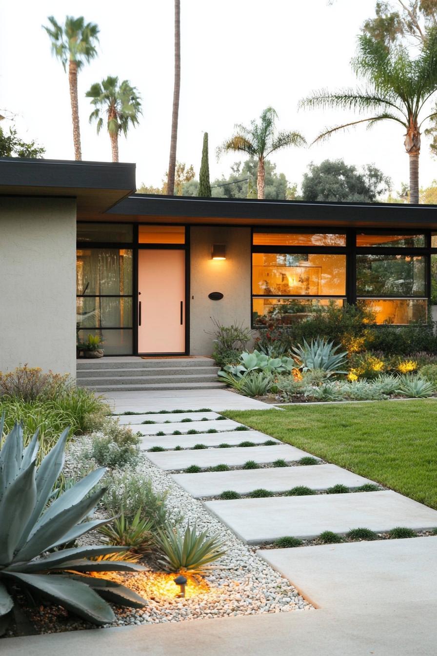 Mid-century modern house with pink door and desert landscaping