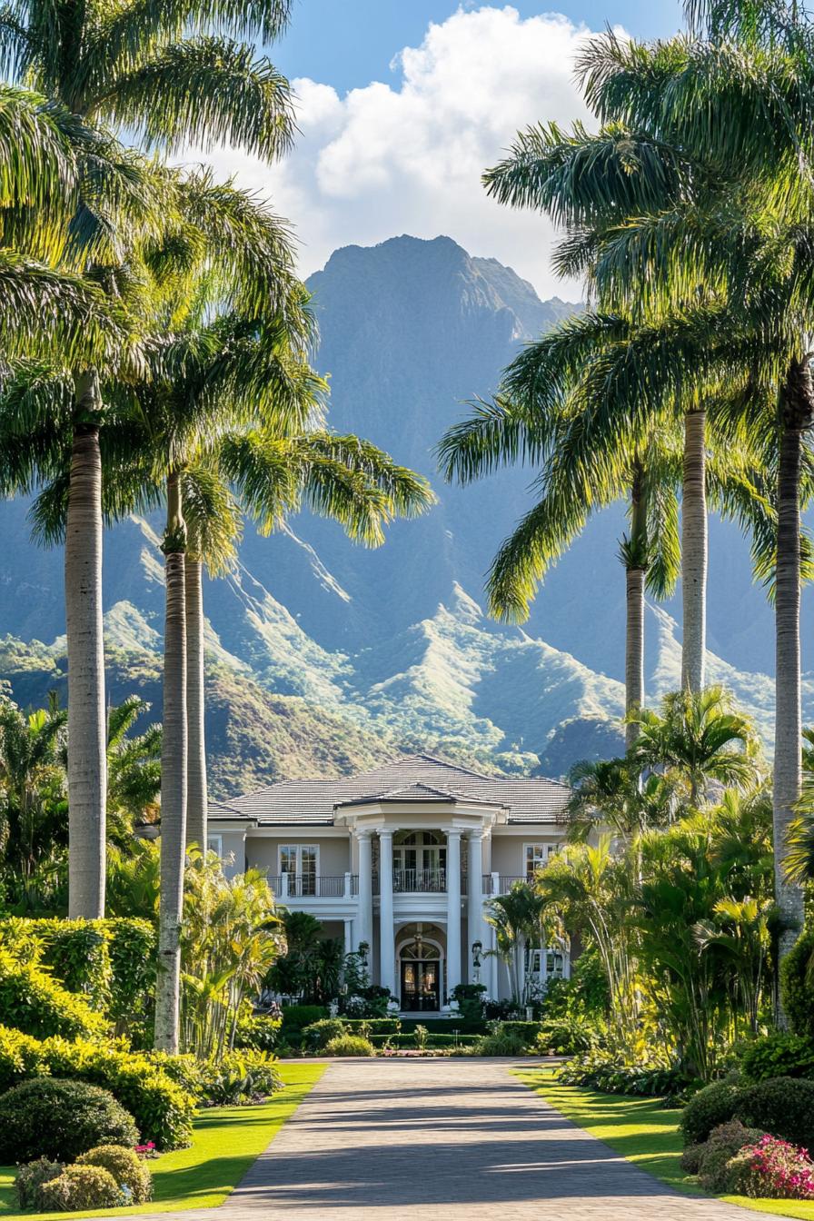 Luxury house nestled amidst tall palms with mountains in the background