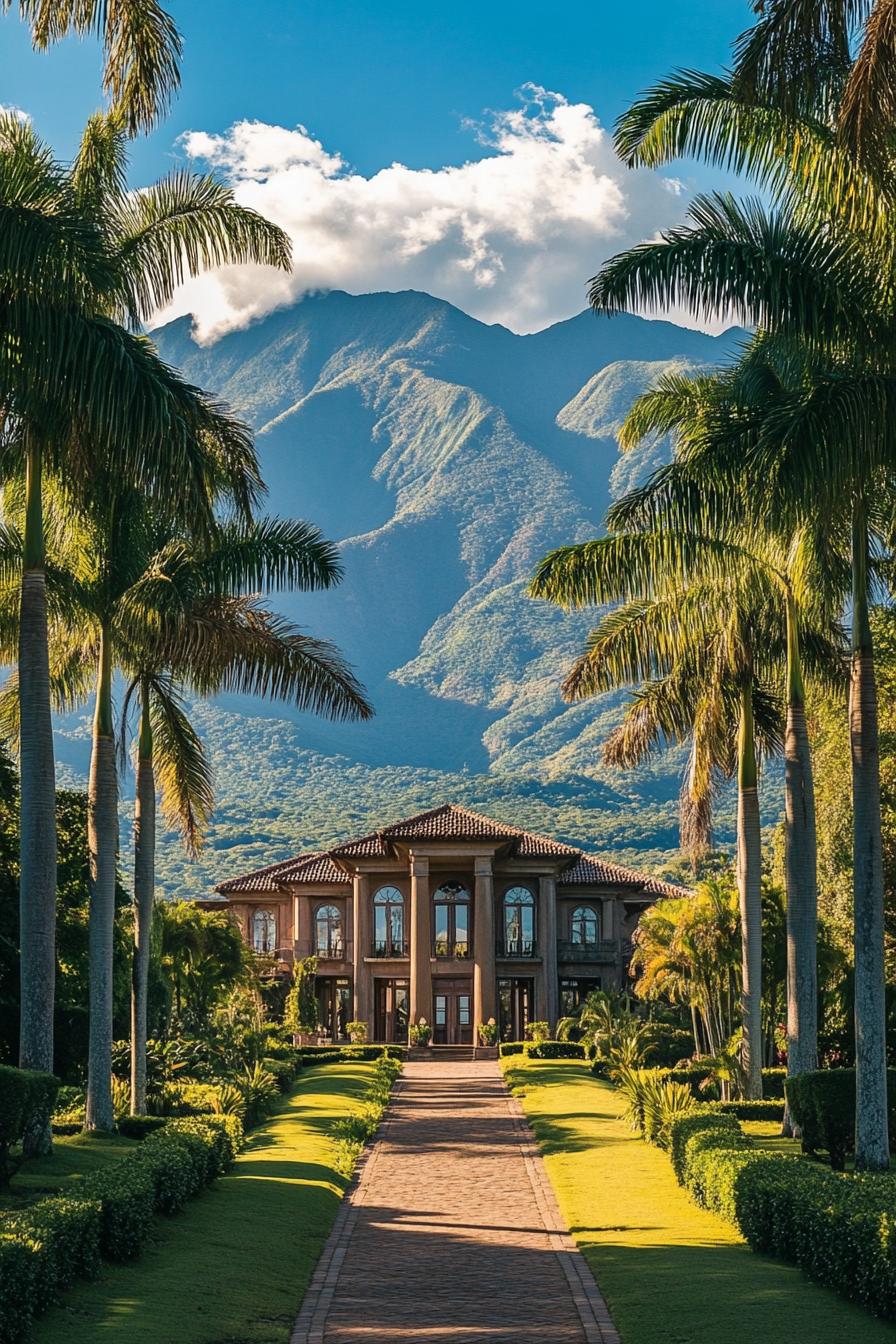 Grand home with palm trees and mountain backdrop