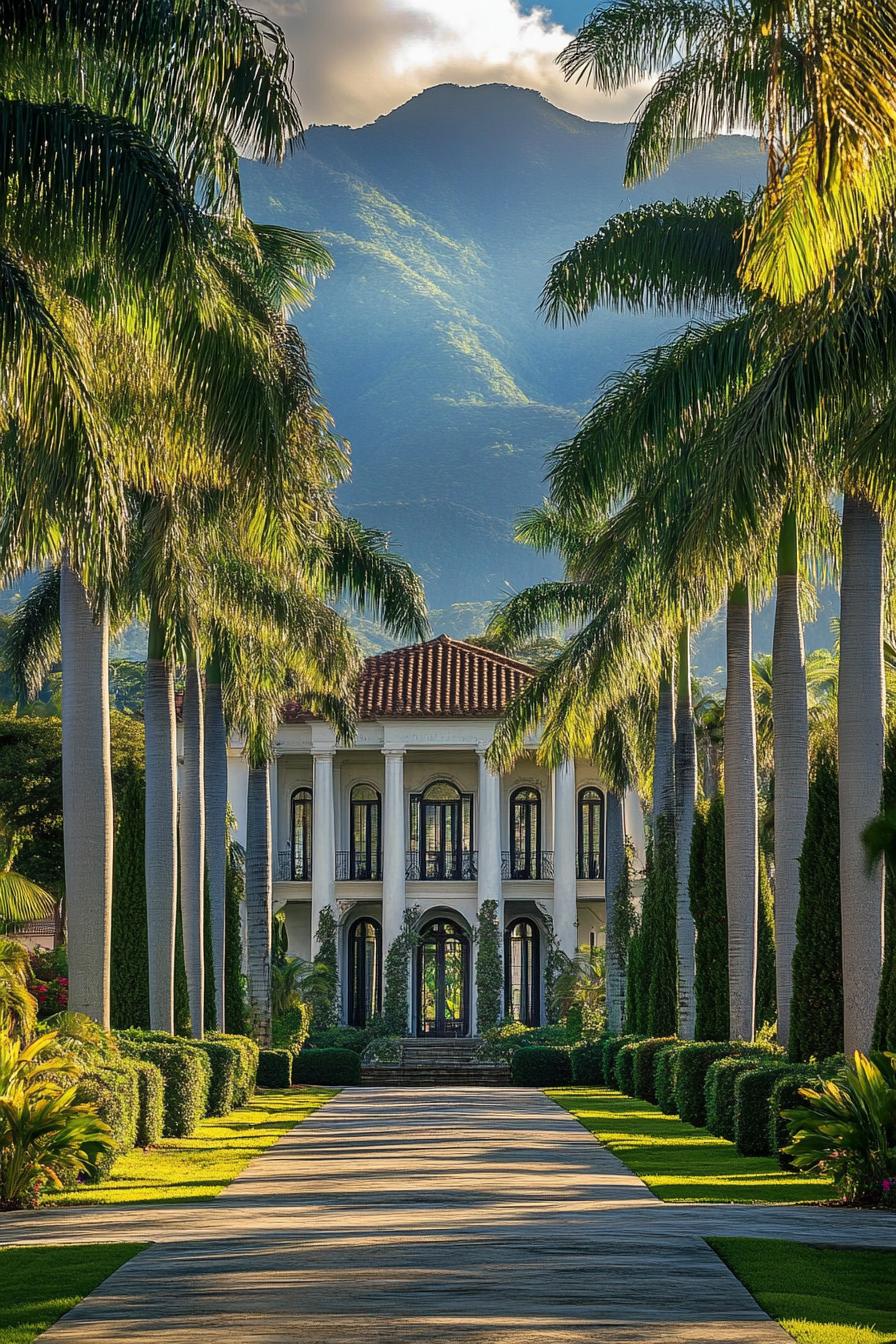 Grand mansion with palm-lined driveway and mountain backdrop