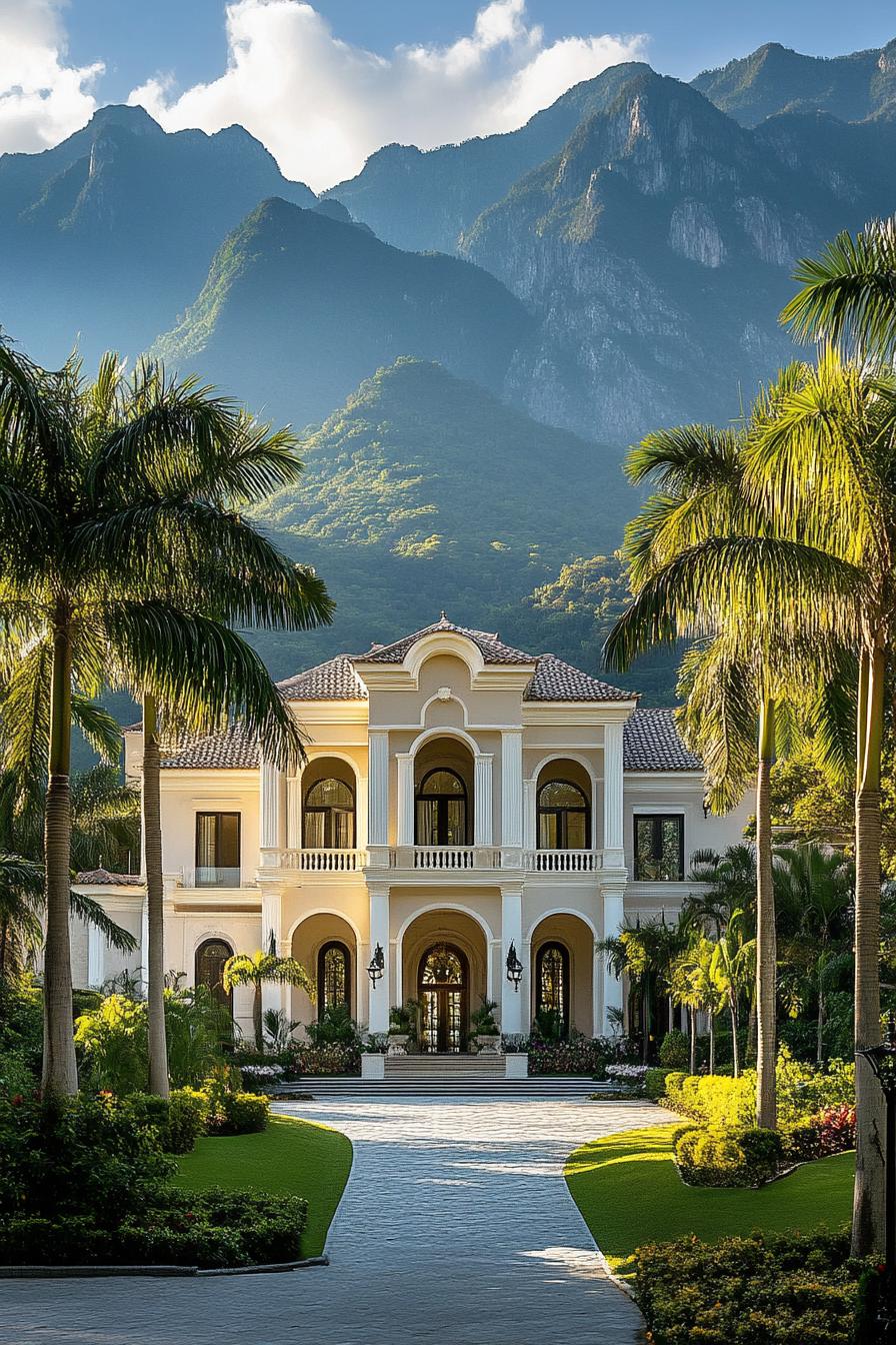 Elegant mansion surrounded by lush palm trees and mountains