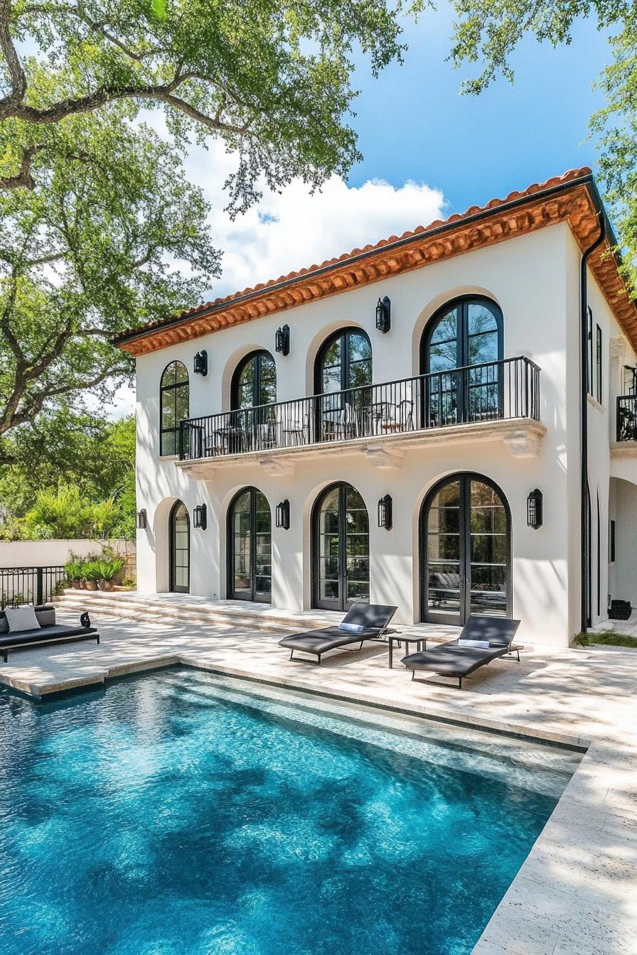 Elegant villa with arched windows by a pool