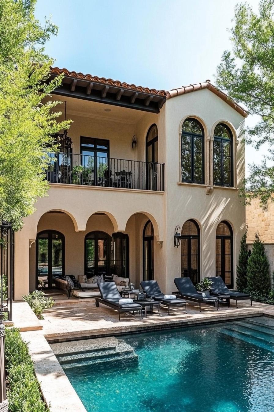 Elegant villa with arched windows and poolside loungers