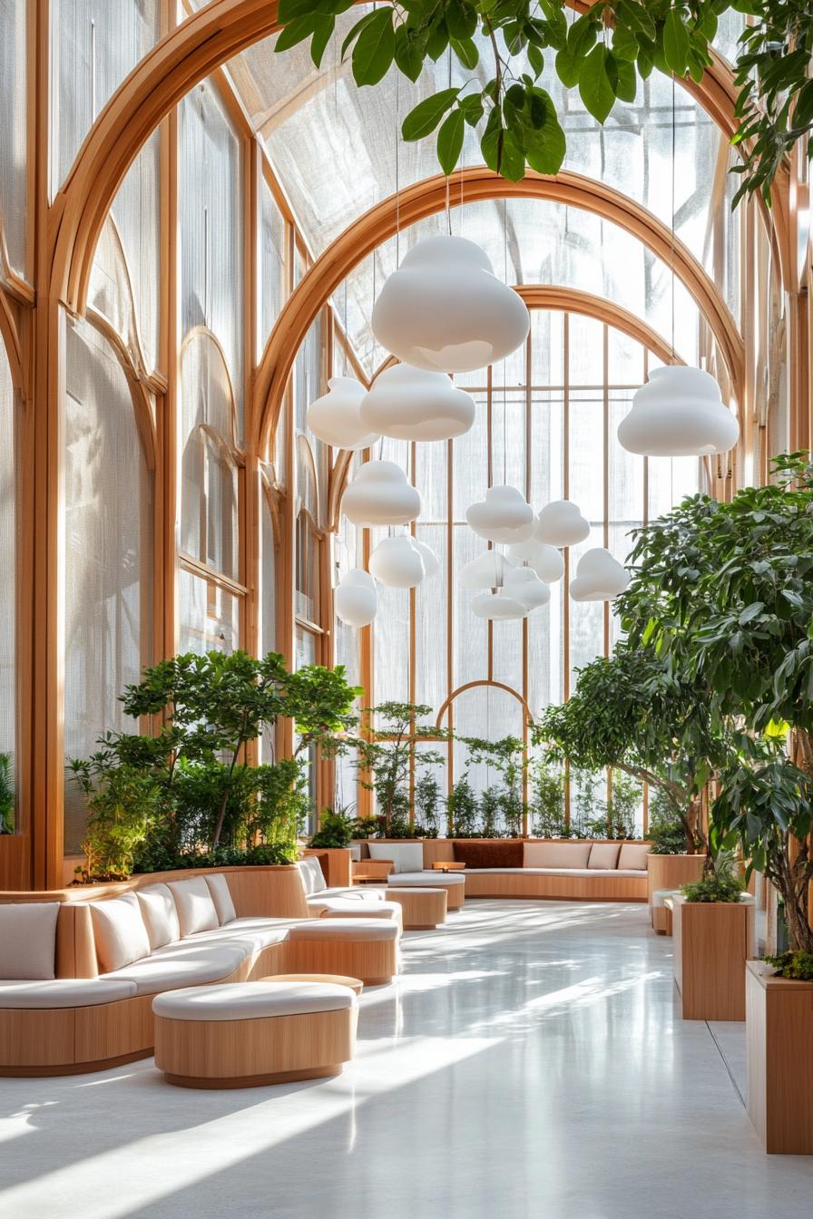 Lobby with wooden arches and white cloud-like lights