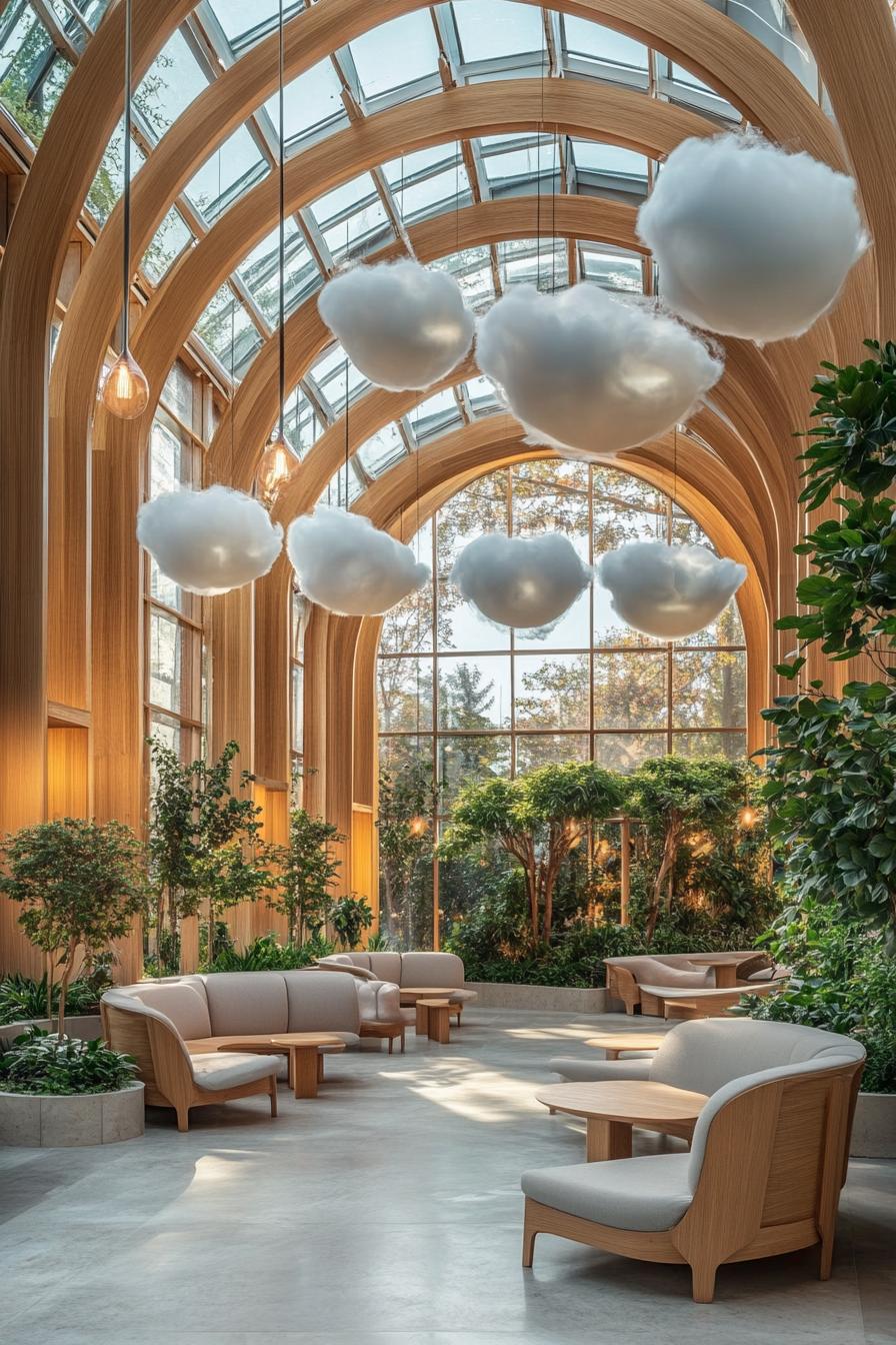 Lobby with arched wooden design and fluffy clouds