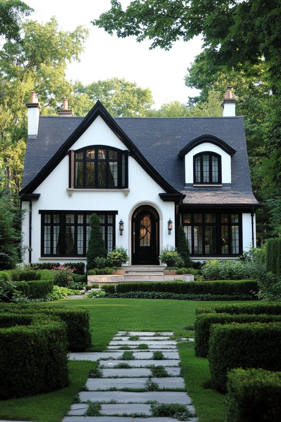 Classic cottage house with black accents and lush garden