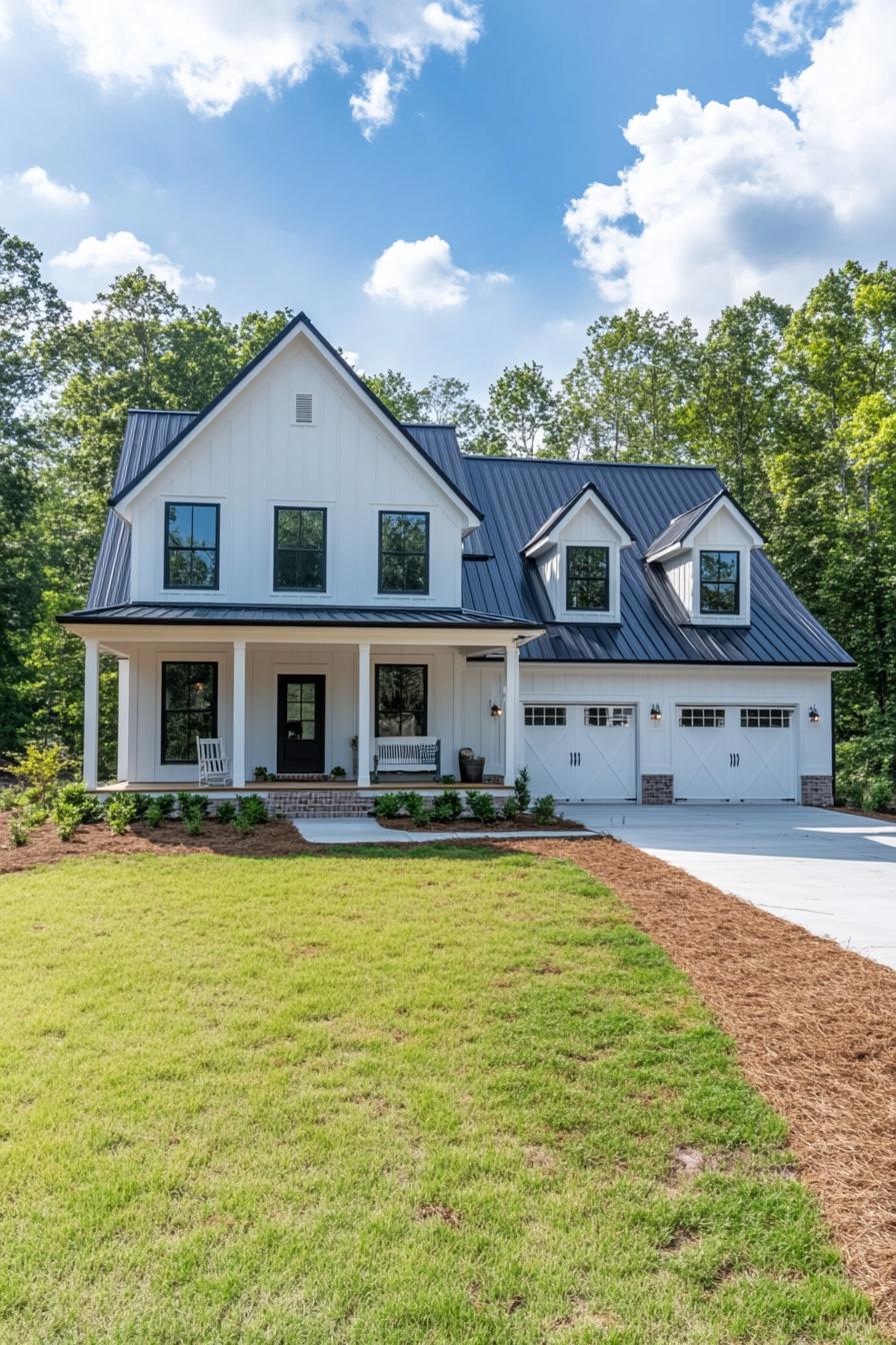 White farmhouse with a charming porch and manicured lawn