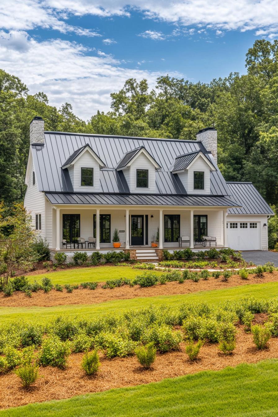 Charming white house with a sleek metal roof and inviting front porch