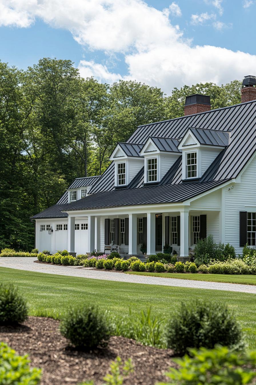 White house with black roof and inviting porch