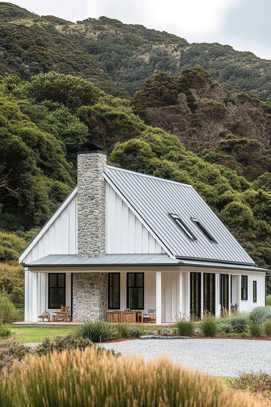 Charming white farmhouse with metal roof amid lush greenery