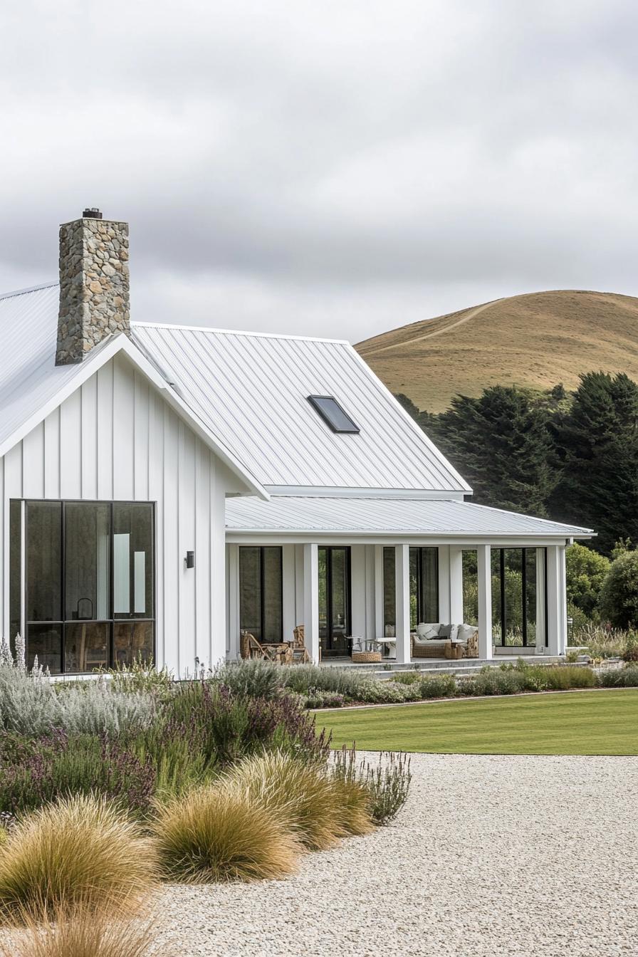 Modern farmhouse with a stone chimney