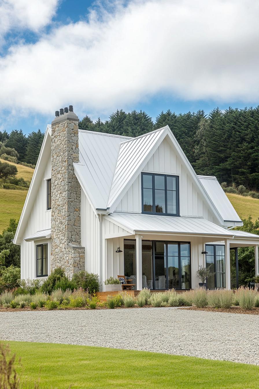 Modern farmhouse with stone chimney and large windows