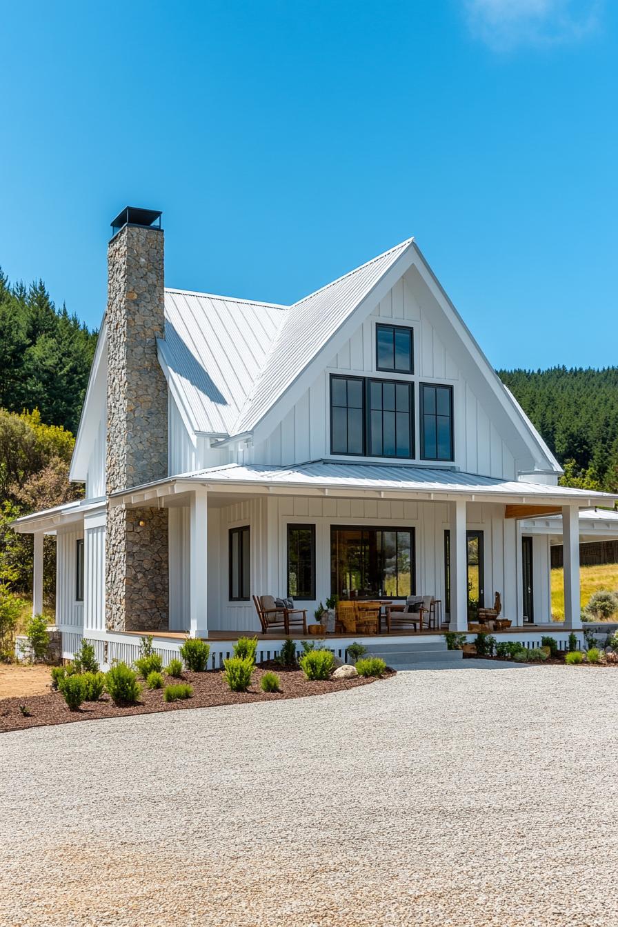 White farmhouse with a stone chimney set against a forest backdrop