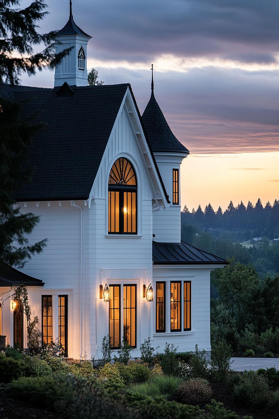 Gothic-style house with glowing windows at sunset