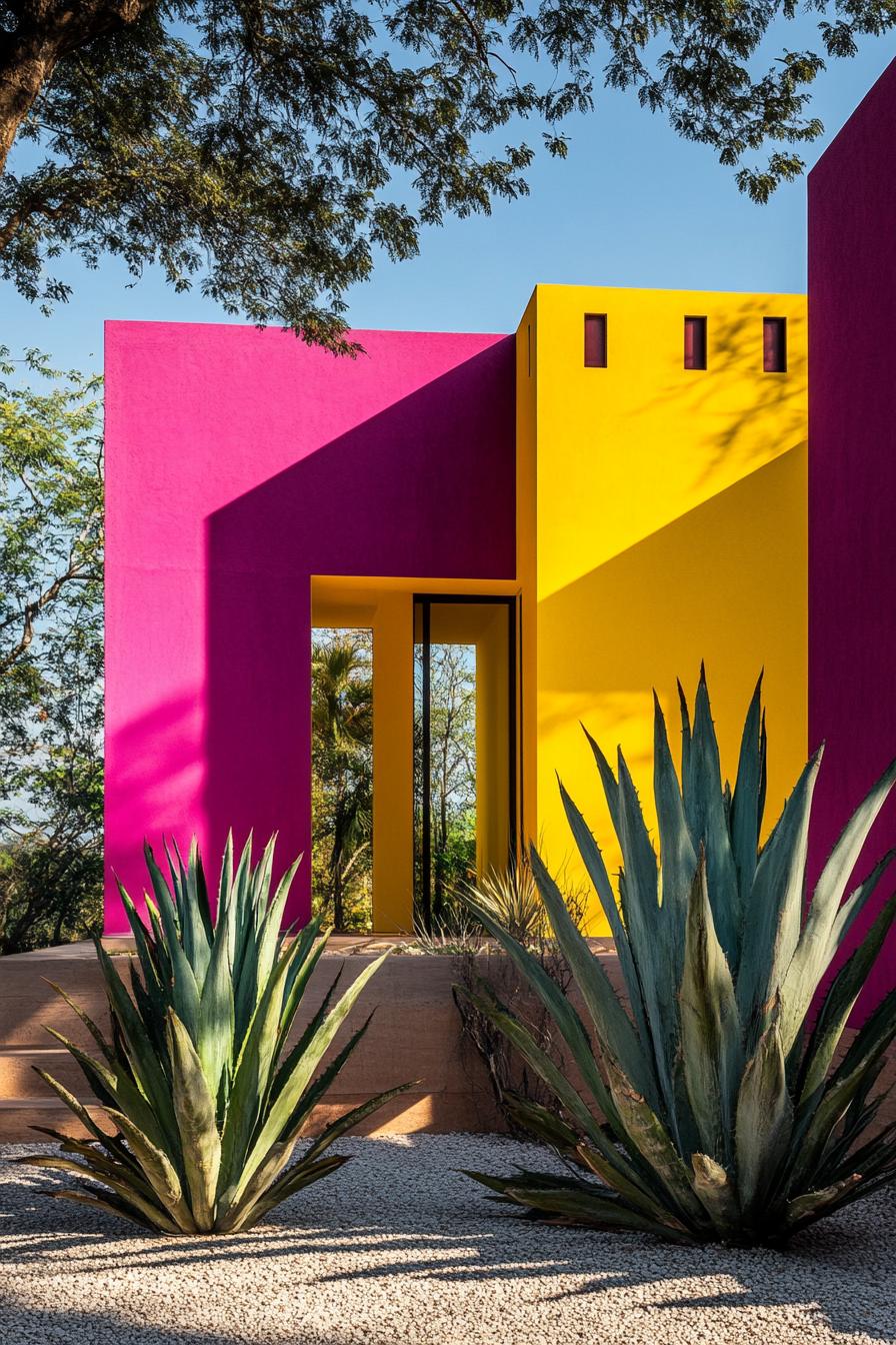 Brightly colored minimalist house with vibrant pink and yellow walls