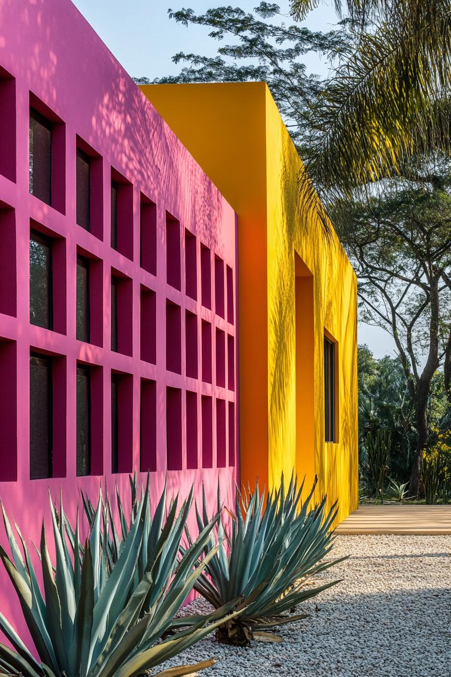 Vibrant pink and yellow building with geometric design