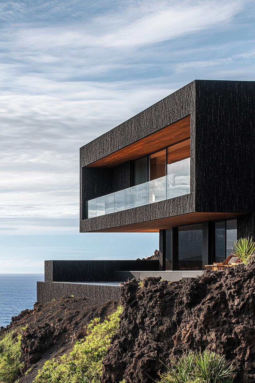 Modern black house perched on a rocky slope