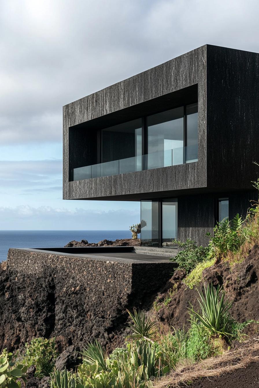 Dark rectangular house perched on a rocky cliff with ocean view