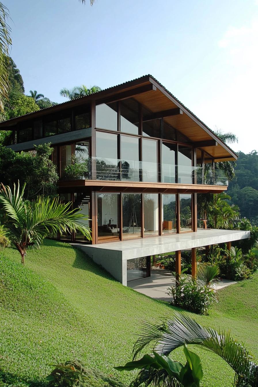 Modern house with floor-to-ceiling windows in a lush setting