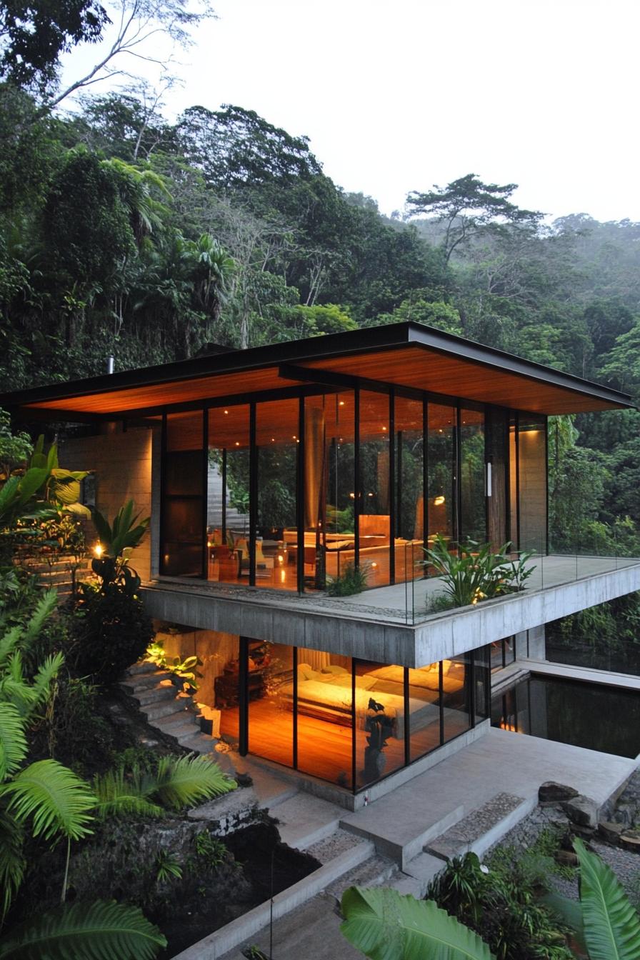 Tropical house with glass walls perched in lush greenery