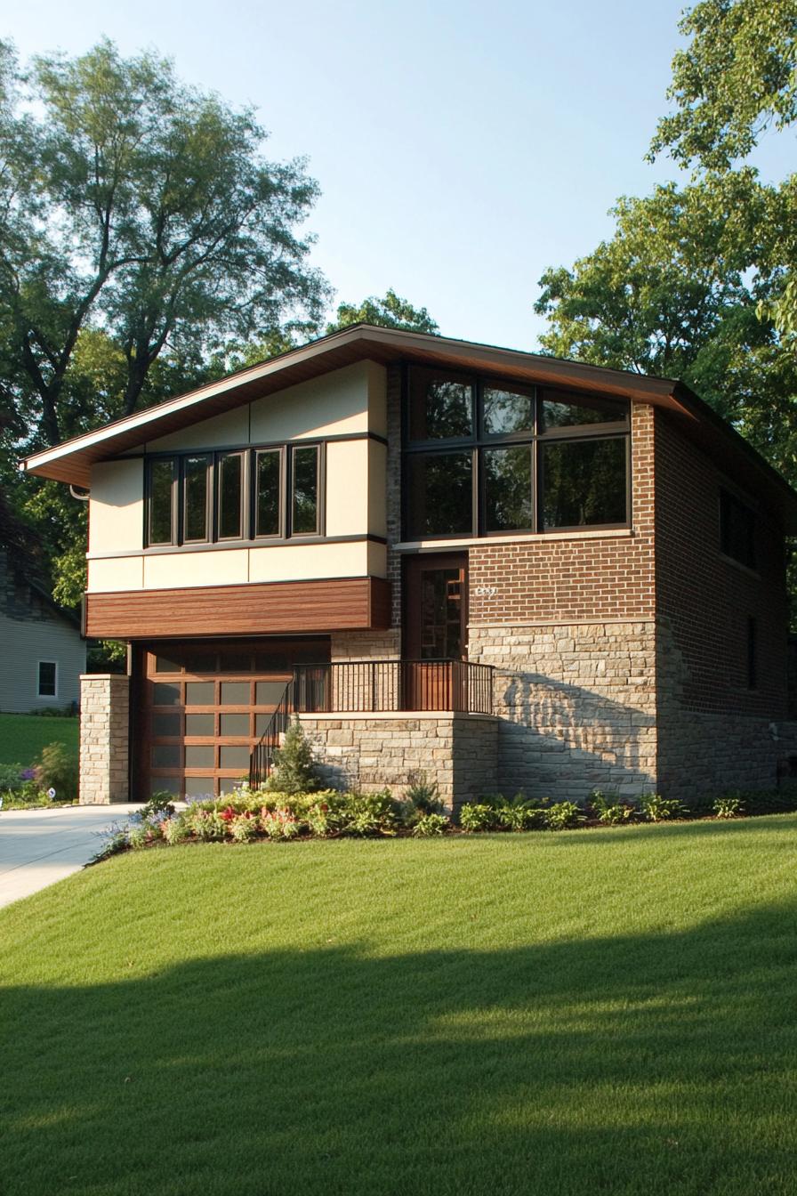 Stylish split-level house with brick and wood facade