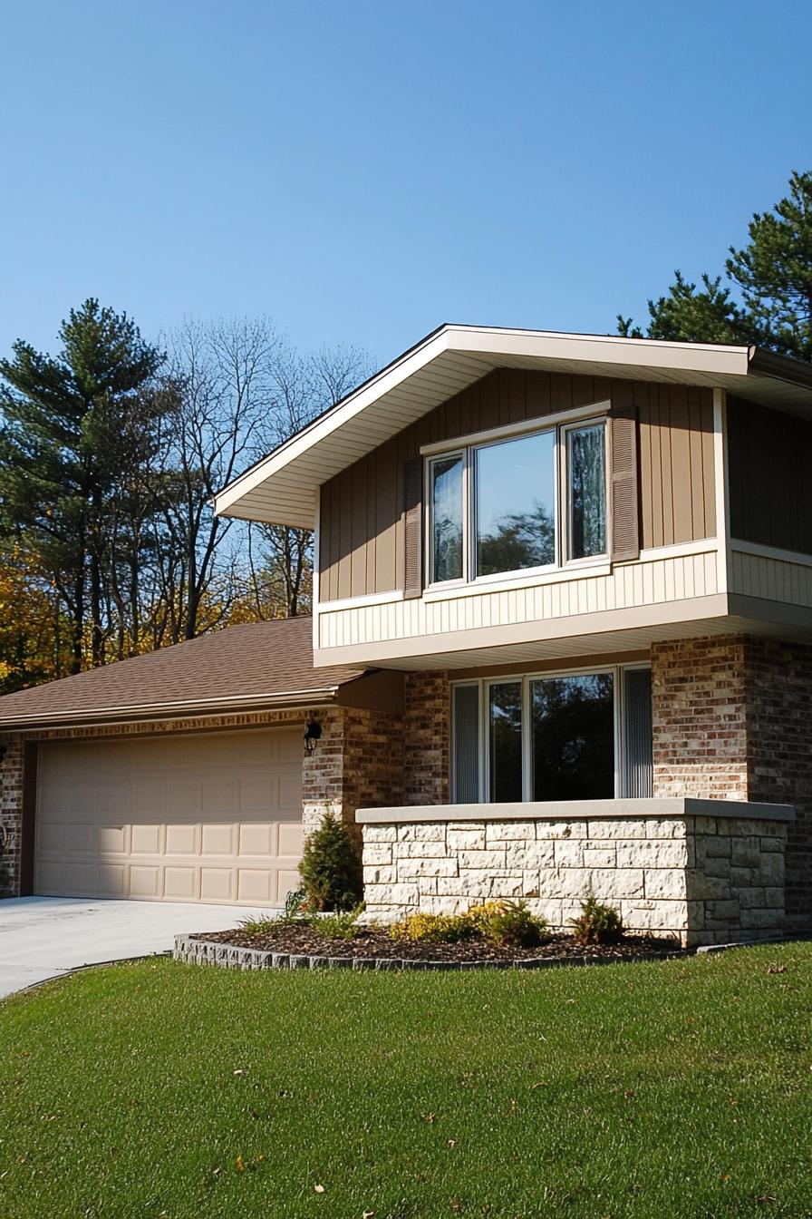 Vintage split level home with brick facade and large windows