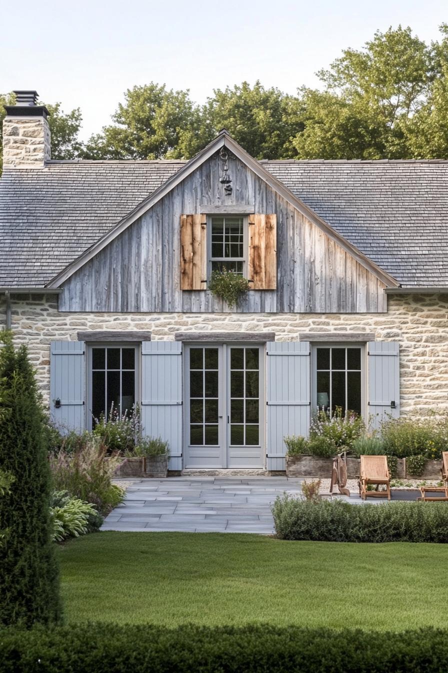 Cozy stone barn with blue shutters amidst lush greenery