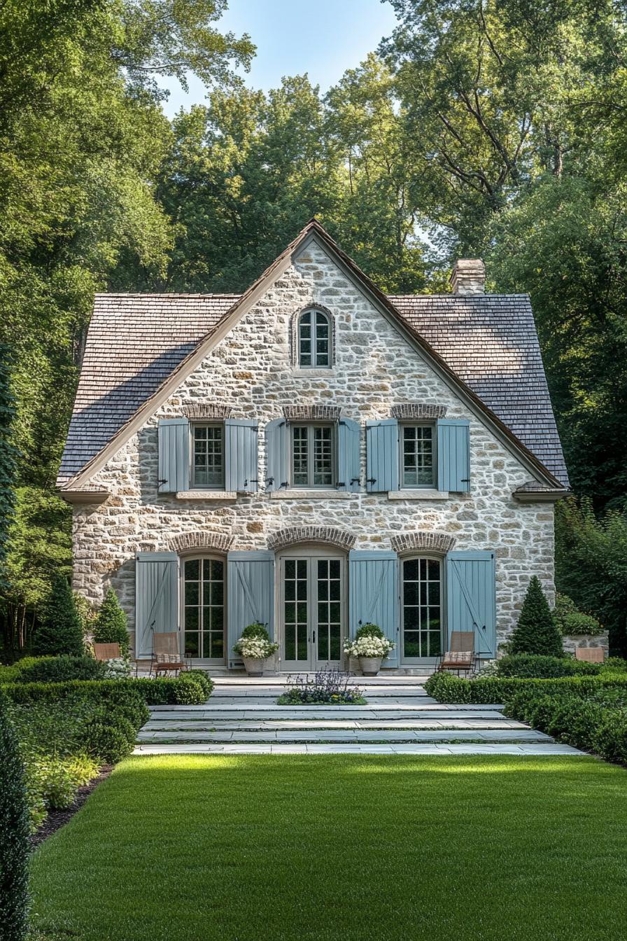 Charming stone barn with blue shutters amidst lush greenery