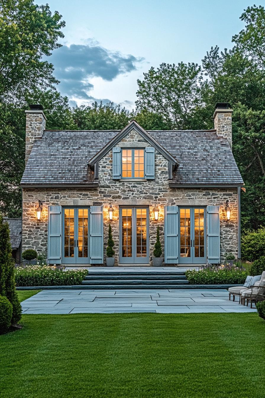 Elegant stone facade with charming blue shutters