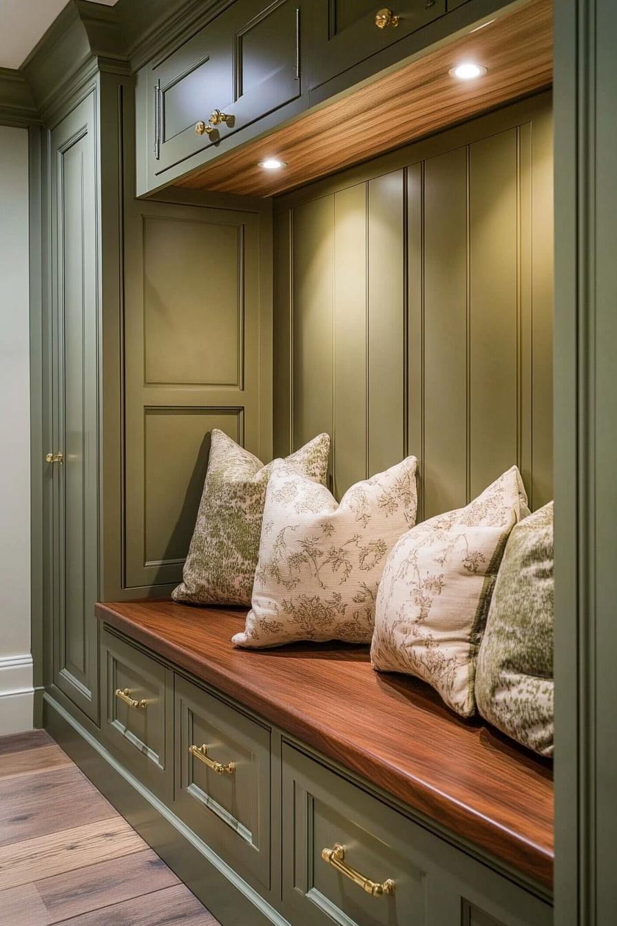 Green mudroom bench with patterned pillows and brass fixtures