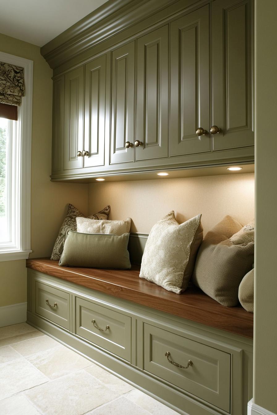 Cozy nook with cushions, cabinets, and a wooden bench