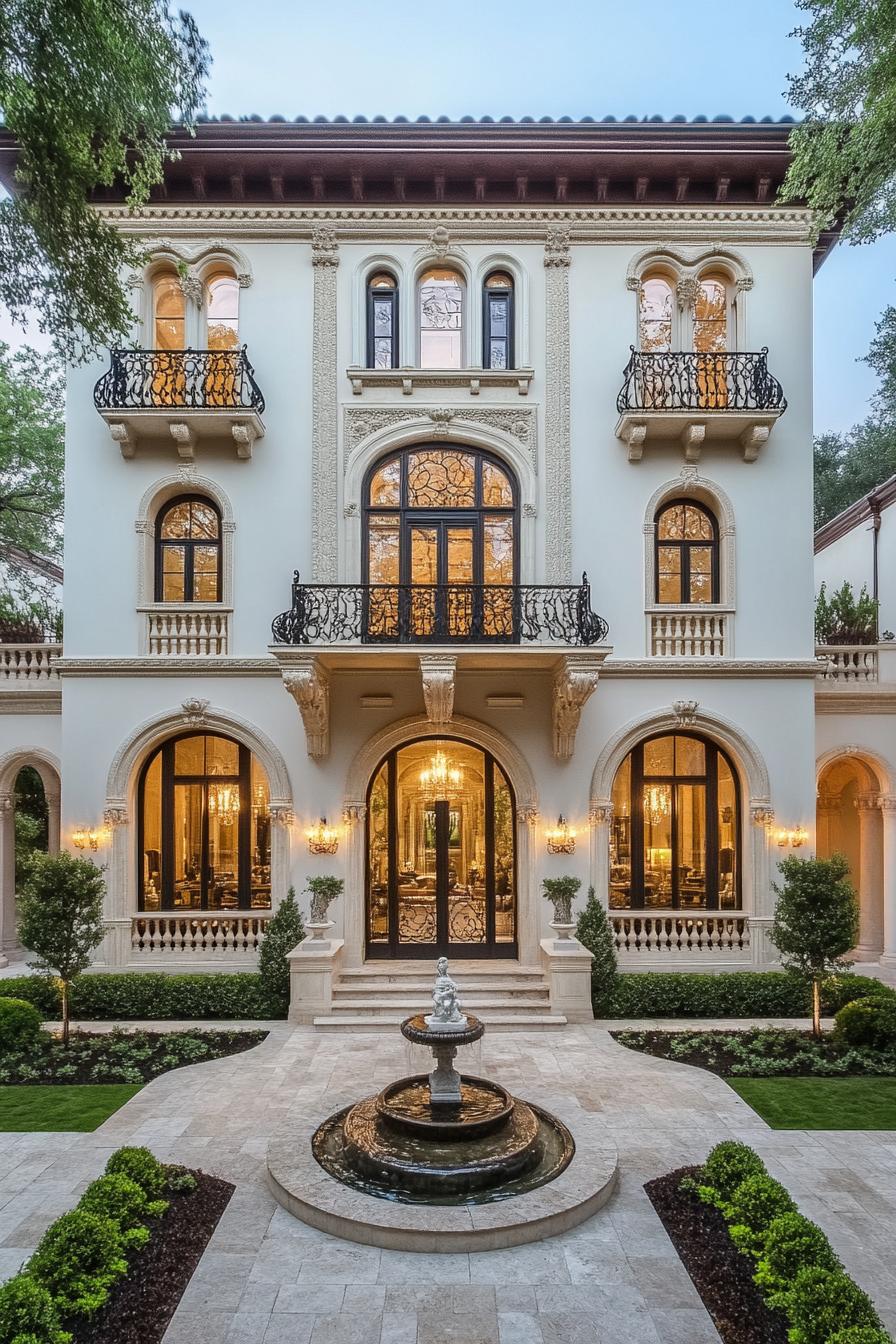 Elegant mansion with ornate balconies and stunning fountain in the foreground