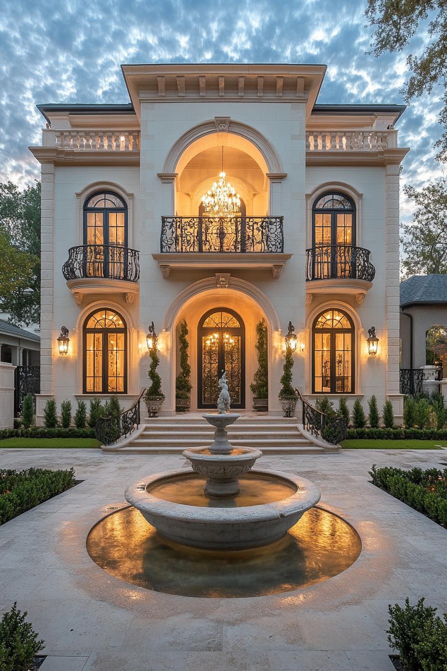 Large elegant home with ornate balconies and a central fountain