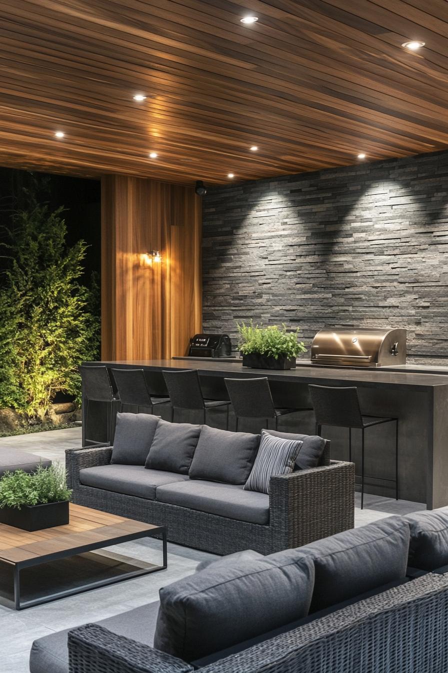 Cozy outdoor lounge area with wicker furniture and a stone wall backdrop