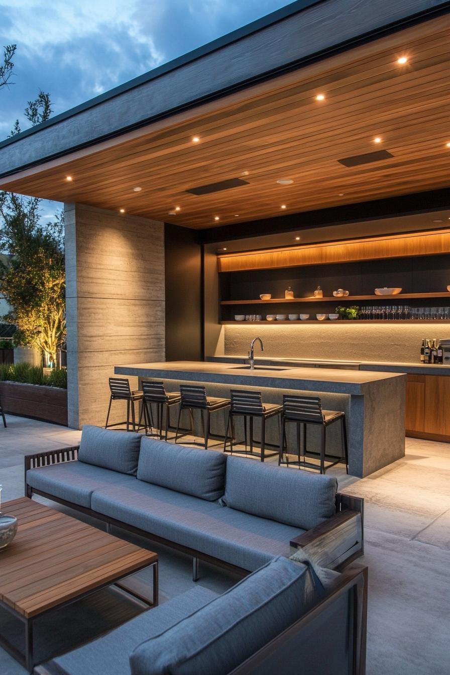 Sleek outdoor kitchen with cozy seating and warm lighting