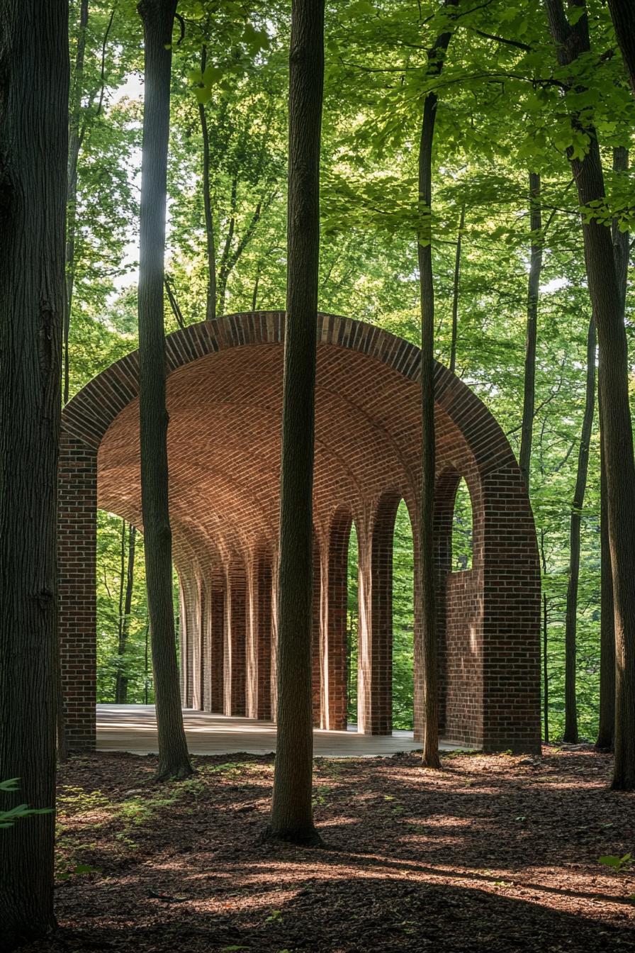 Brick pavilion with arched openings in a forest