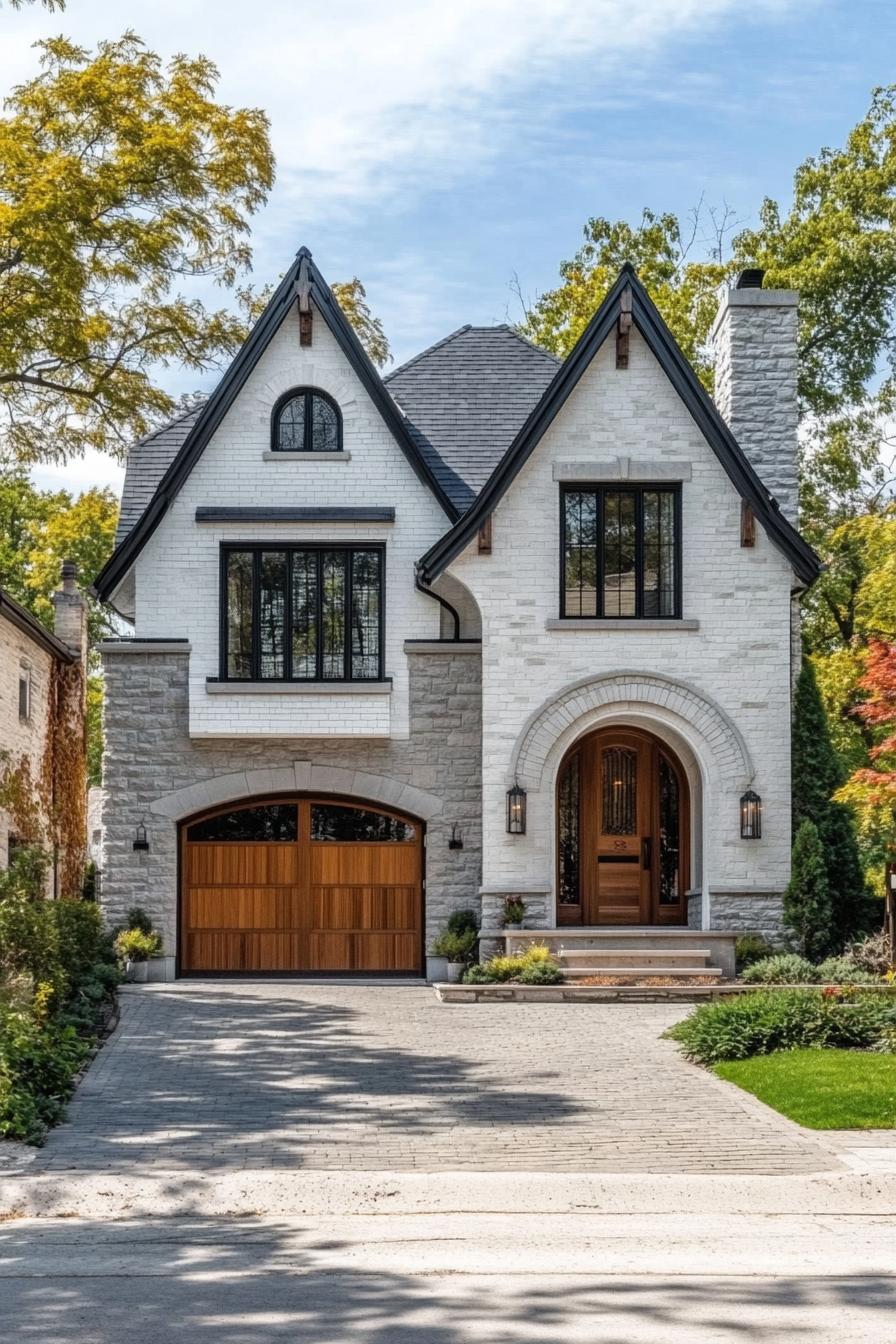 Quaint modern Tudor home with arched windows and brick facade