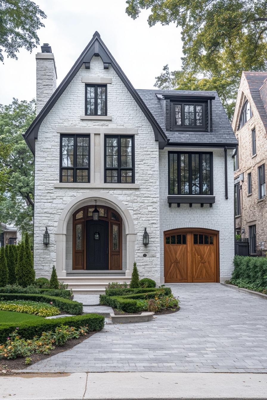 Modern Tudor house with brick, wood accents, and a manicured garden