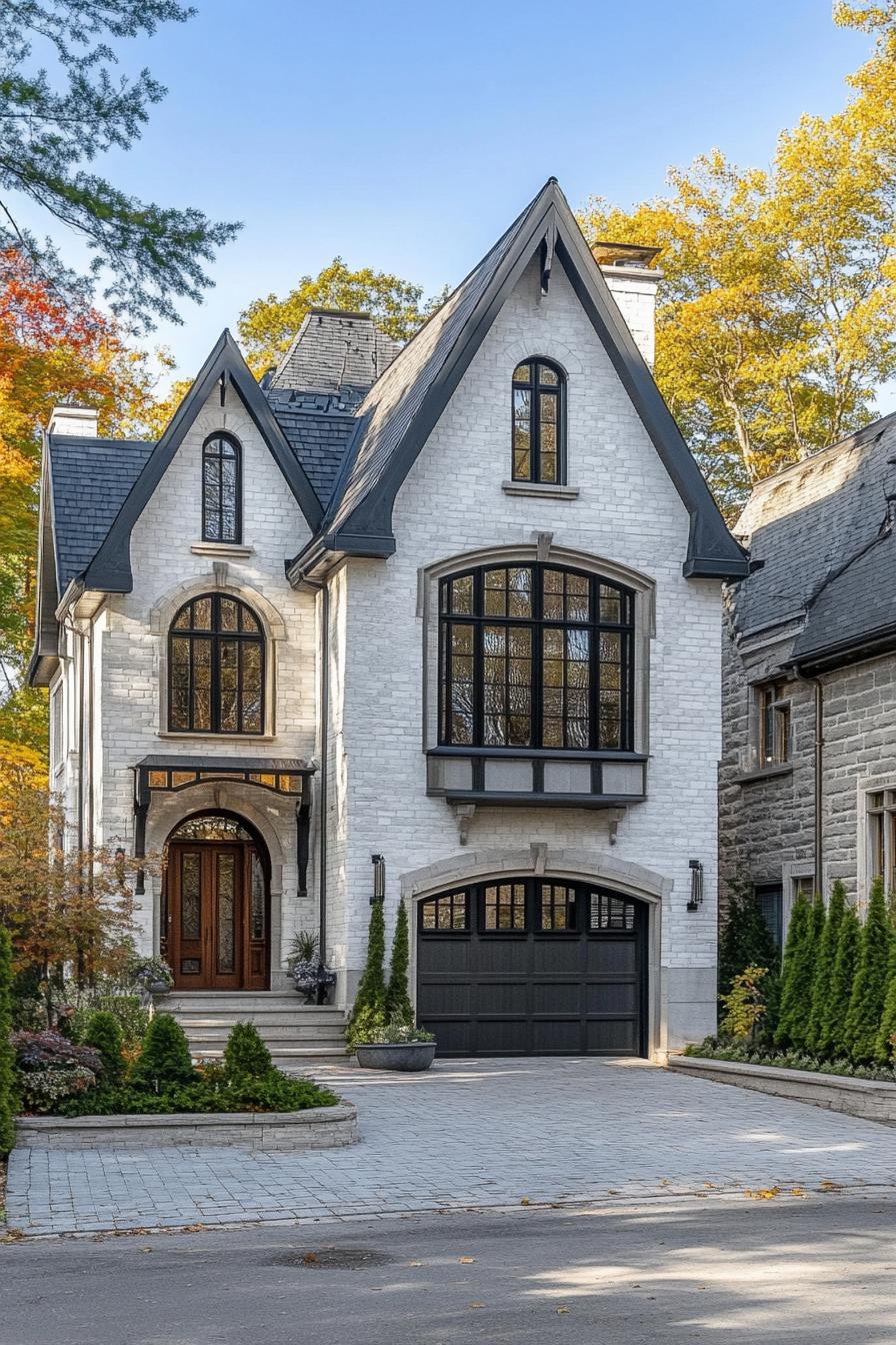 Modern Tudor house with arched windows and brick facade