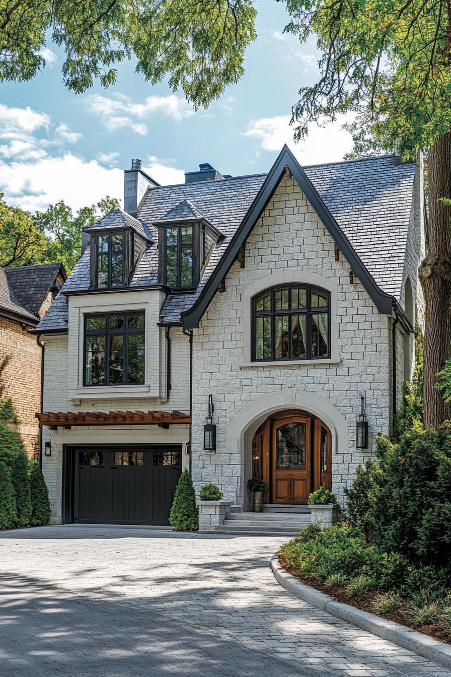 Modern Tudor house with gabled roof and elegant windows