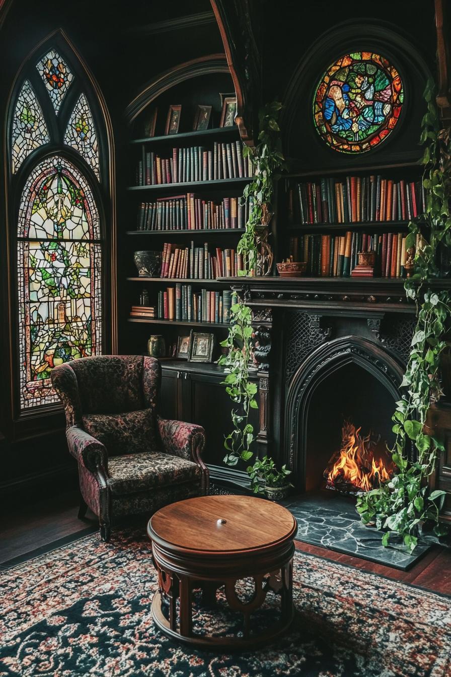 Warm, inviting library with fire and stained glass