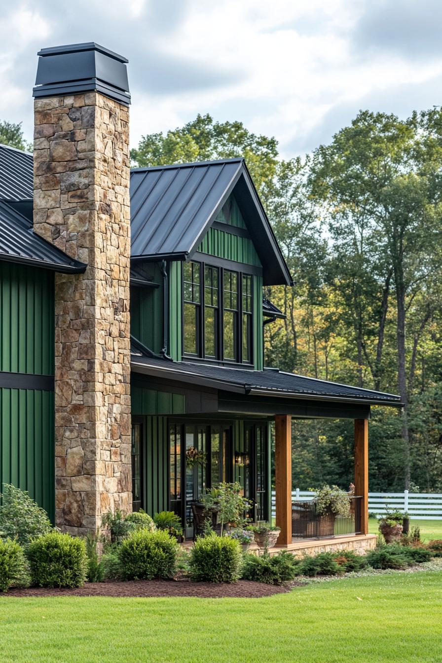 Green farmhouse with stone chimney and black metal roof