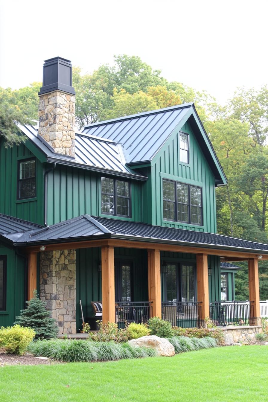 Dark green farmhouse with a stone chimney and metal roof