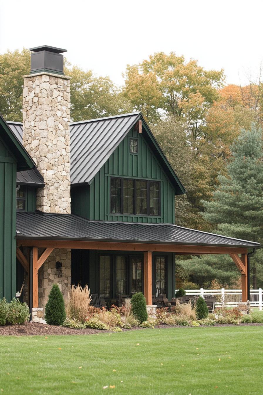 Green farmhouse with metal roof and stone chimney