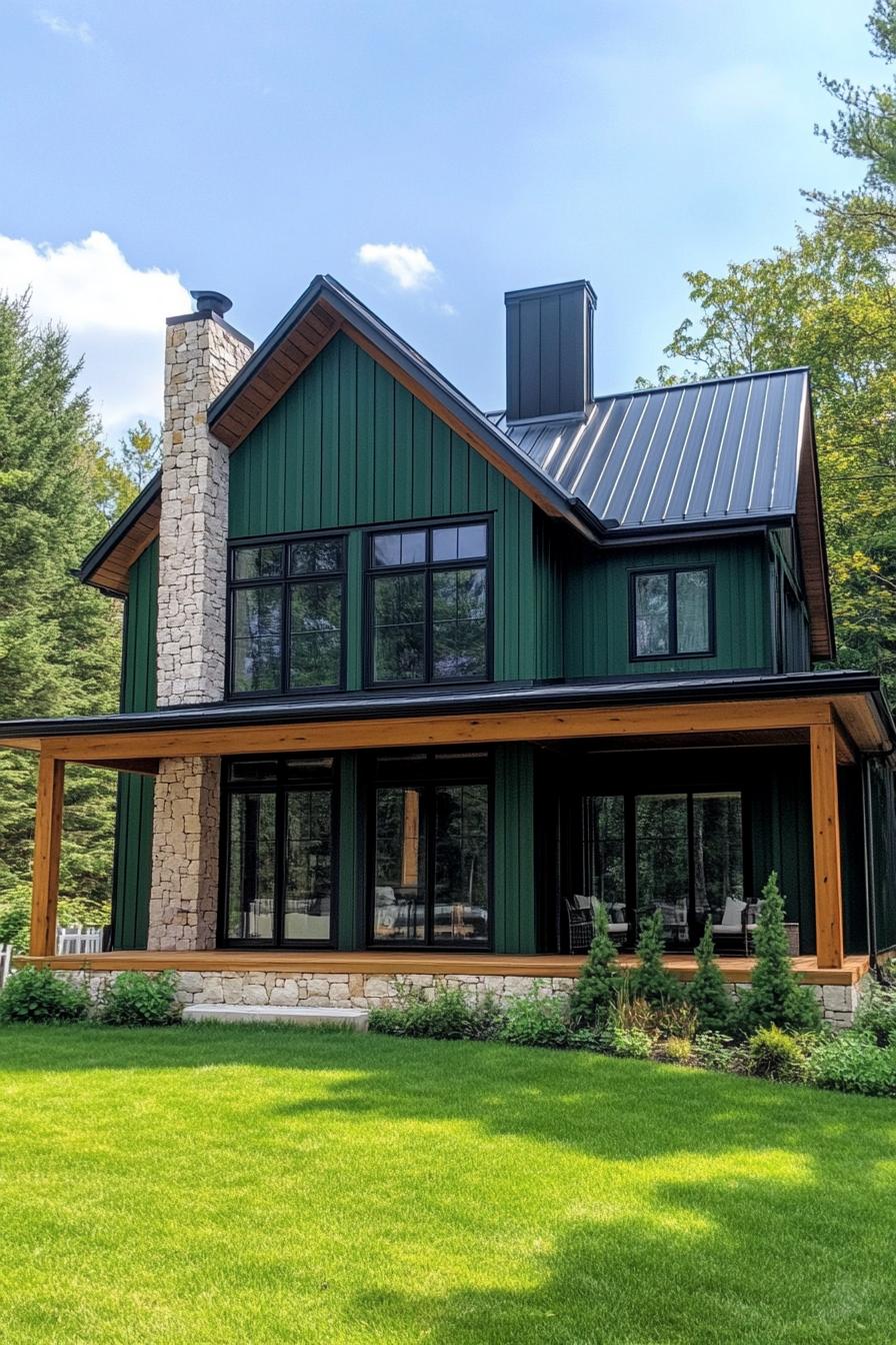 Modern farmhouse with green siding and stone chimney