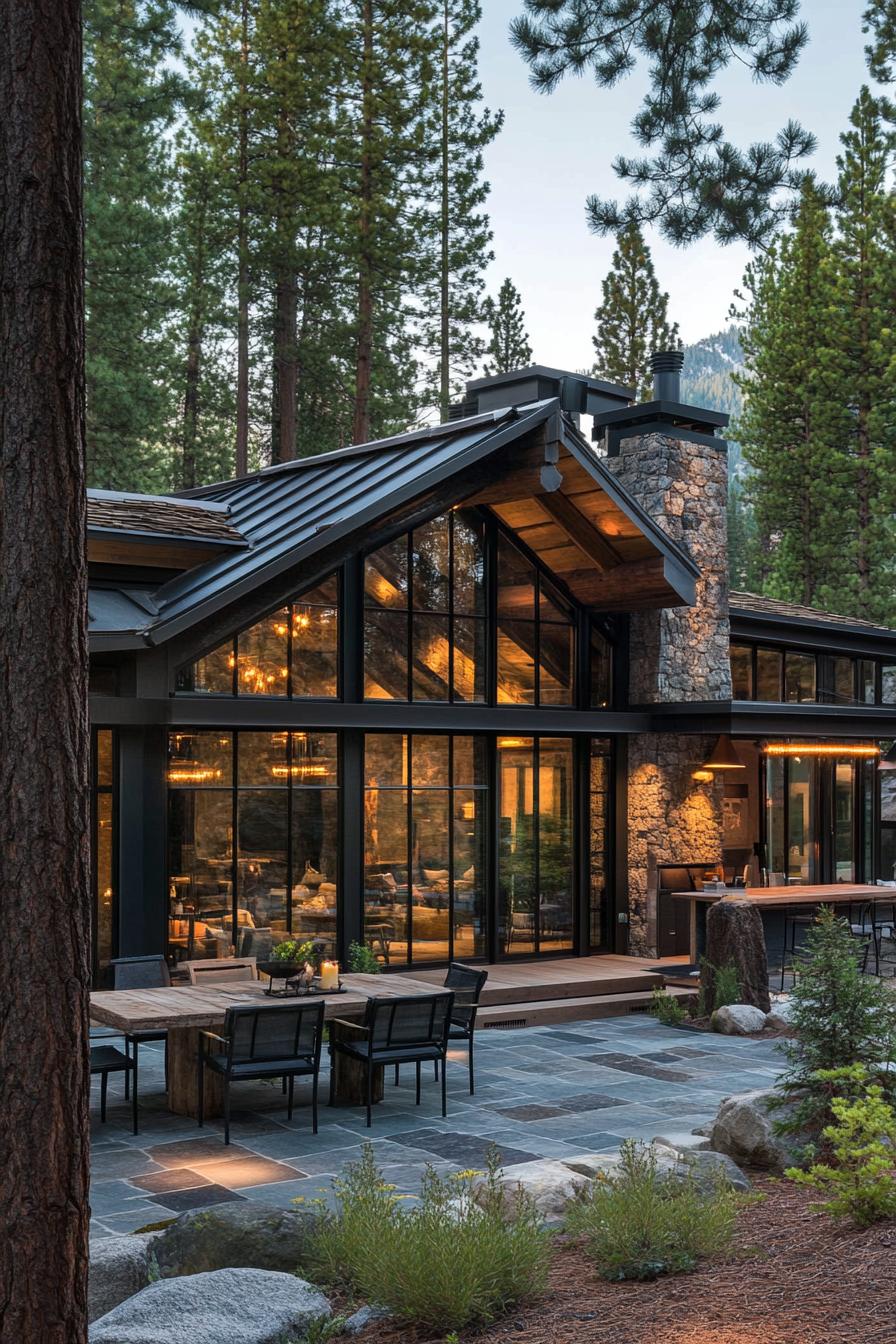 Cozy house with glass walls in a forest setting