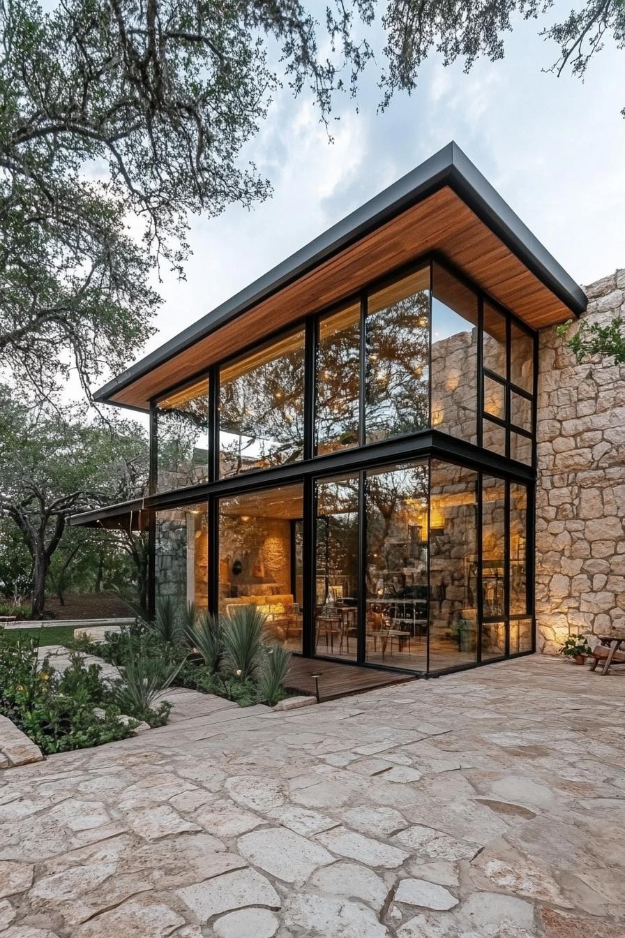 Modern house with large glass windows and stone walls