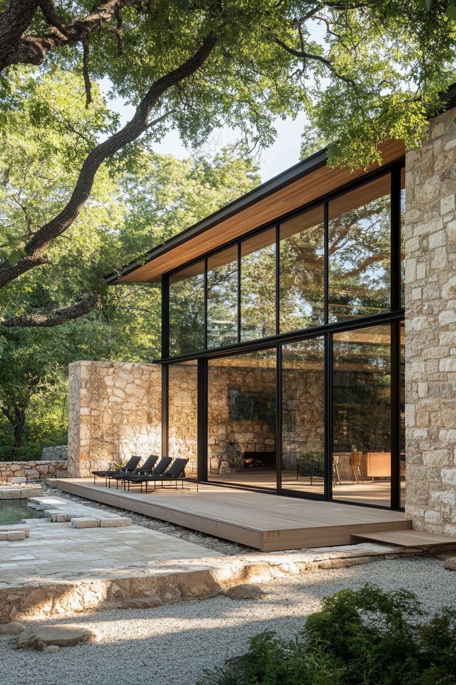 Modern house with large glass windows and stone facade nestled in greenery