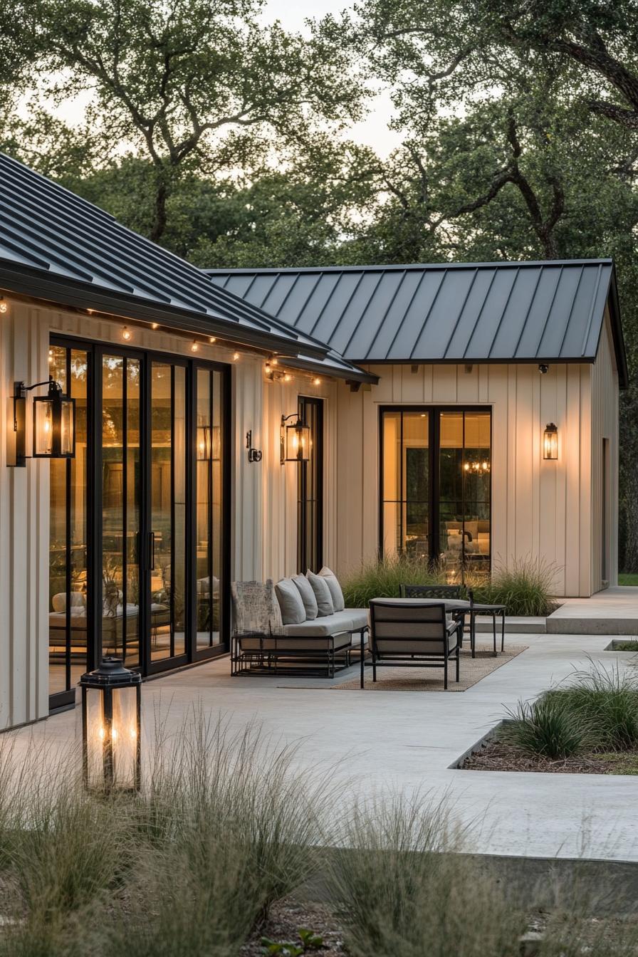 Modern farmhouse with outdoor patio and surrounding trees